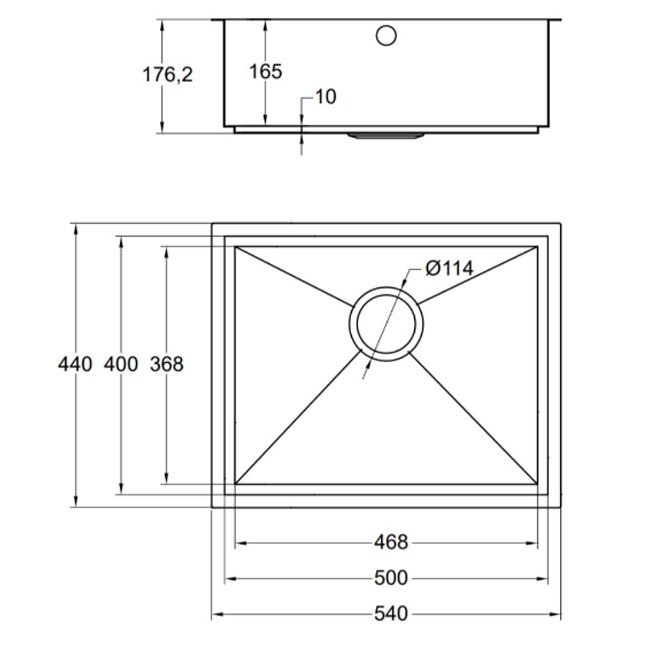 The 1810 Company Axixuno 500U 1.0 Bowl Undermount Kitchen Sink - Gold Brass  | Dimension Image