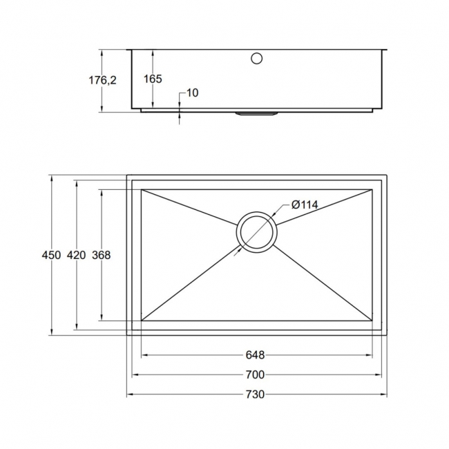 The 1810 Company Axixuno 700U 1.0 Bowl Quartz Undermount Kitchen Sink - Gun Metal  | Dimension Image