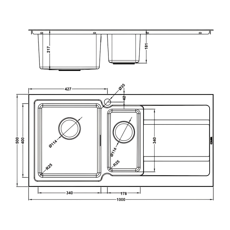 The 1810 Company Bordouno 150i 1.5 Bowl Kitchen Sink - Left Handed