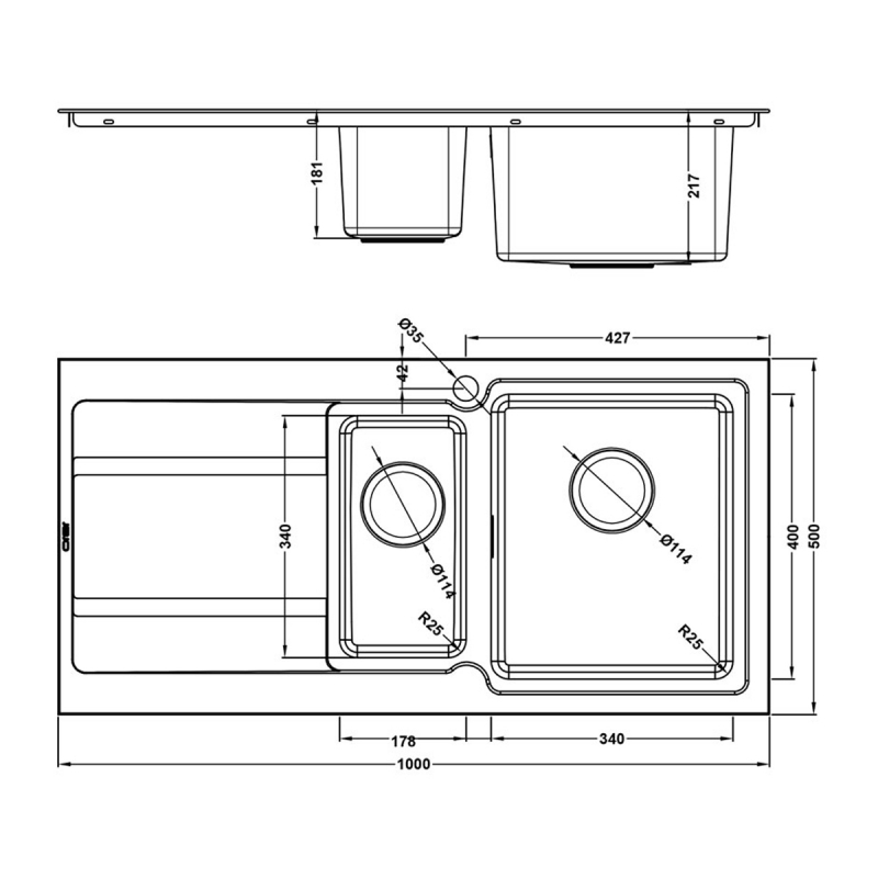The 1810 Company Bordouno 150i 1.5 Bowl Kitchen Sink - Right Handed