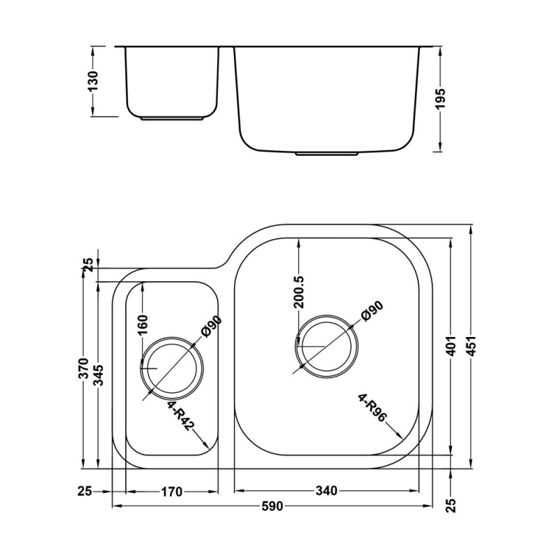The 1810 Company Etroduo 589/450U 1.5 Bowl Undermount Kitchen Sink - Right Handed