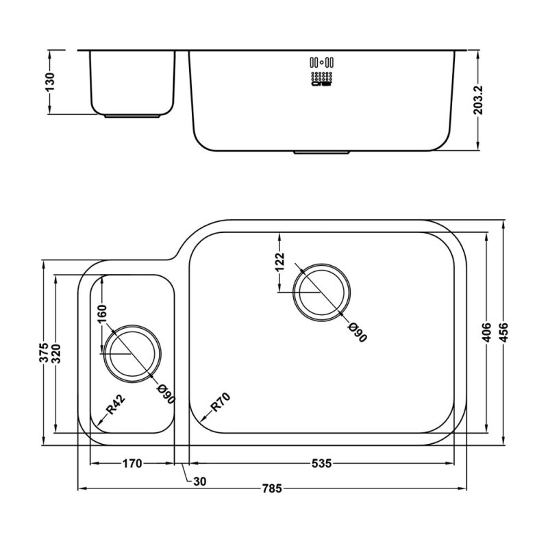 The 1810 Company Etroduo 781/450U 1.5 Bowl Undermount Kitchen Sink - Right Handed  | Dimension Image
