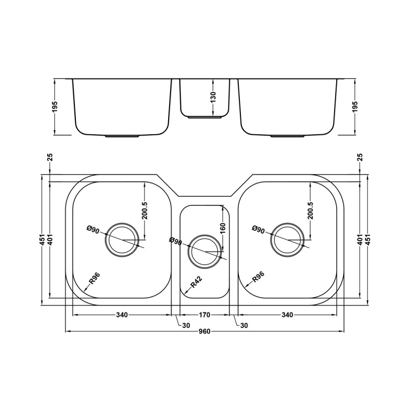 The 1810 Company Etrotrio 960/450U 3.0 Bowl Undermount Kitchen Sink - Stainless Steel