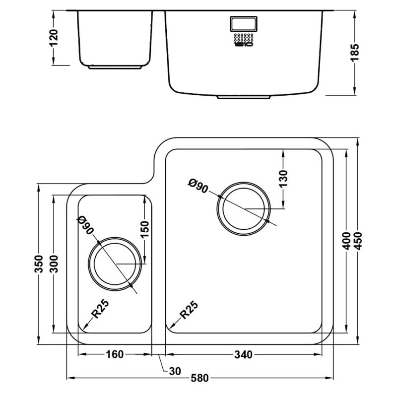 The 1810 Company Luxsoplusduo25 160/340U 1.5 Bowl Undermount Kitchen Sink - Right Handed