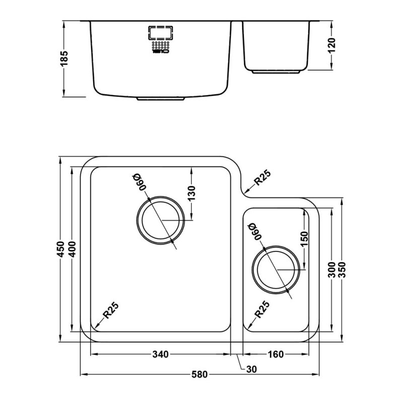 The 1810 Company Luxsoplusduo25 340/160U 1.5 Bowl Undermount Kitchen Sink - Left Handed  | Dimension Image