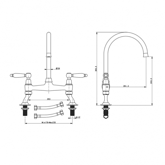The 1810 Company Moulins Classic 2 Hole Design Kitchen Sink Mixer Tap - Gold Brass