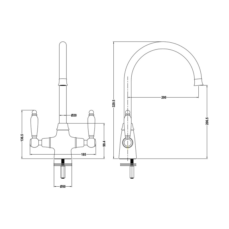 The 1810 Company Rodez Twin Lever Kitchen Sink Mixer Tap - Brushed Steel