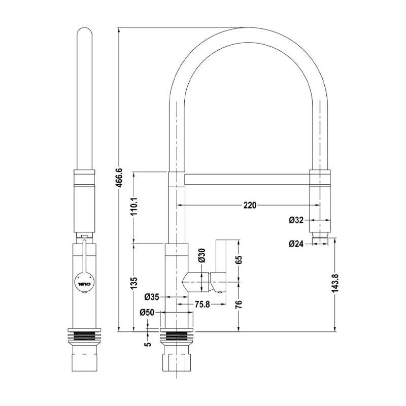 The 1810 Company Spirale Spout Kitchen Sink Mixer Tap with Spring Hose - Chrome