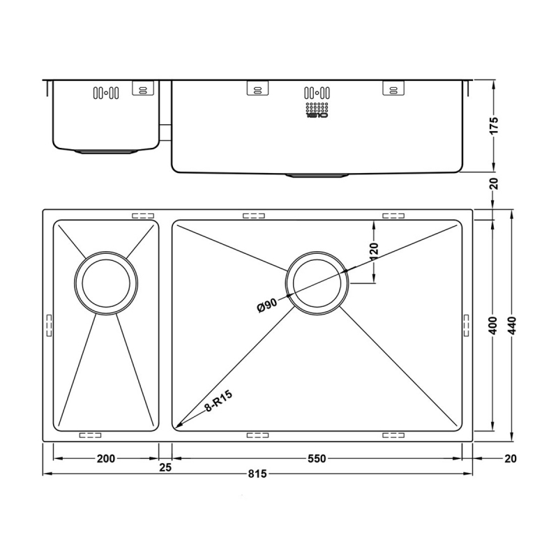 The 1810 Company Zenduo15 200/550U 1.5 Bowl Undermount Kitchen Sink - Right Handed  | Dimension Image