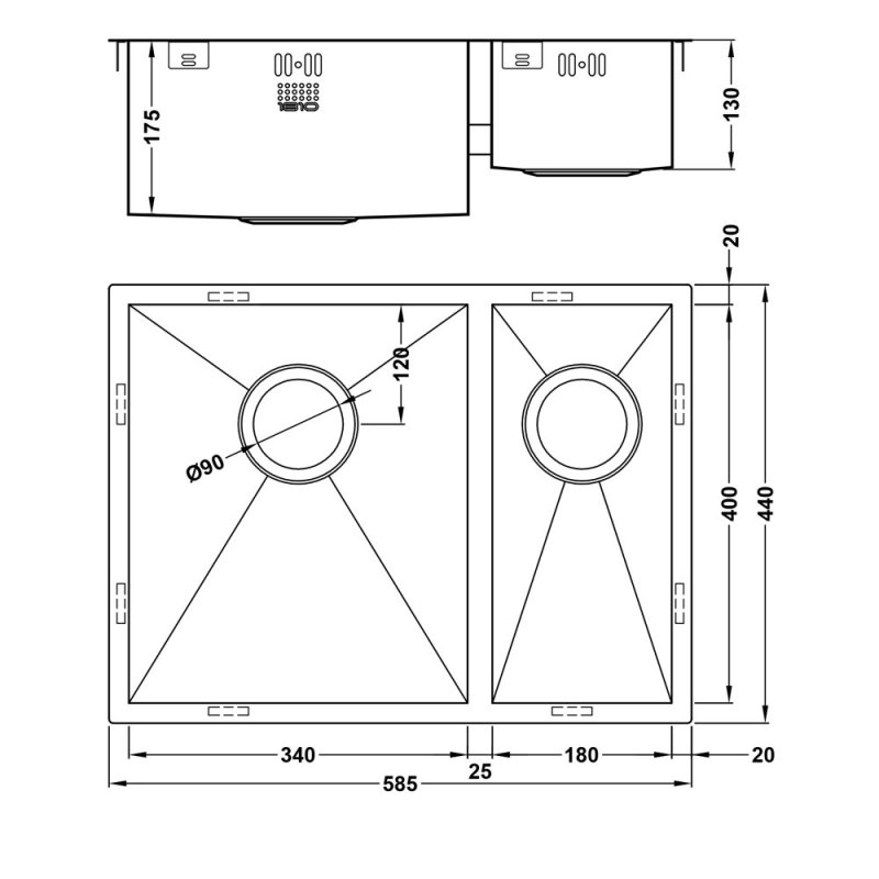 The 1810 Company Zenduo15 340/180U 1.5 Bowl Undermount Kitchen Sink - Left Handed  | Dimension Image