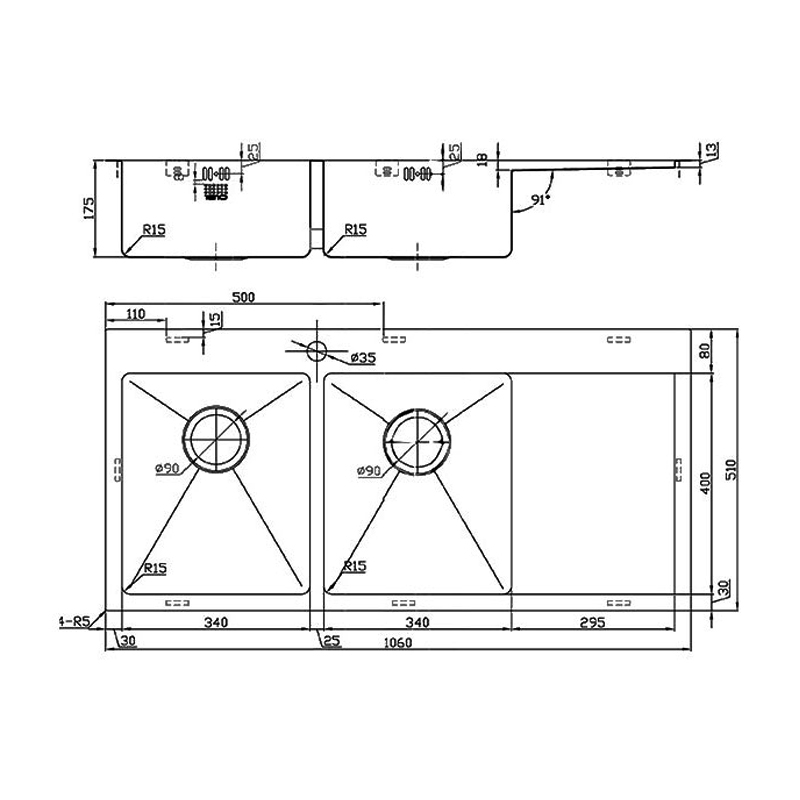 The 1810 Company Zenduo15 34/34 I-F 2.0 Bowl Kitchen Sink - Left Handed
