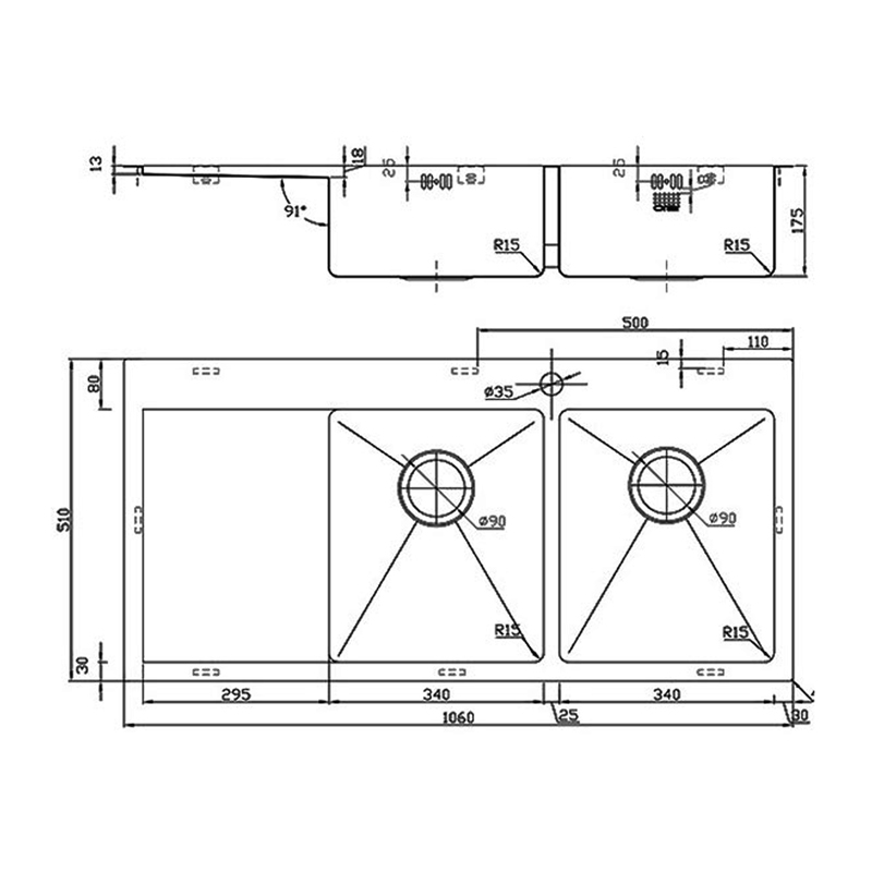 The 1810 Company Zenduo15 34/34 I-F 2.0 Bowl Kitchen Sink - Right Handed
