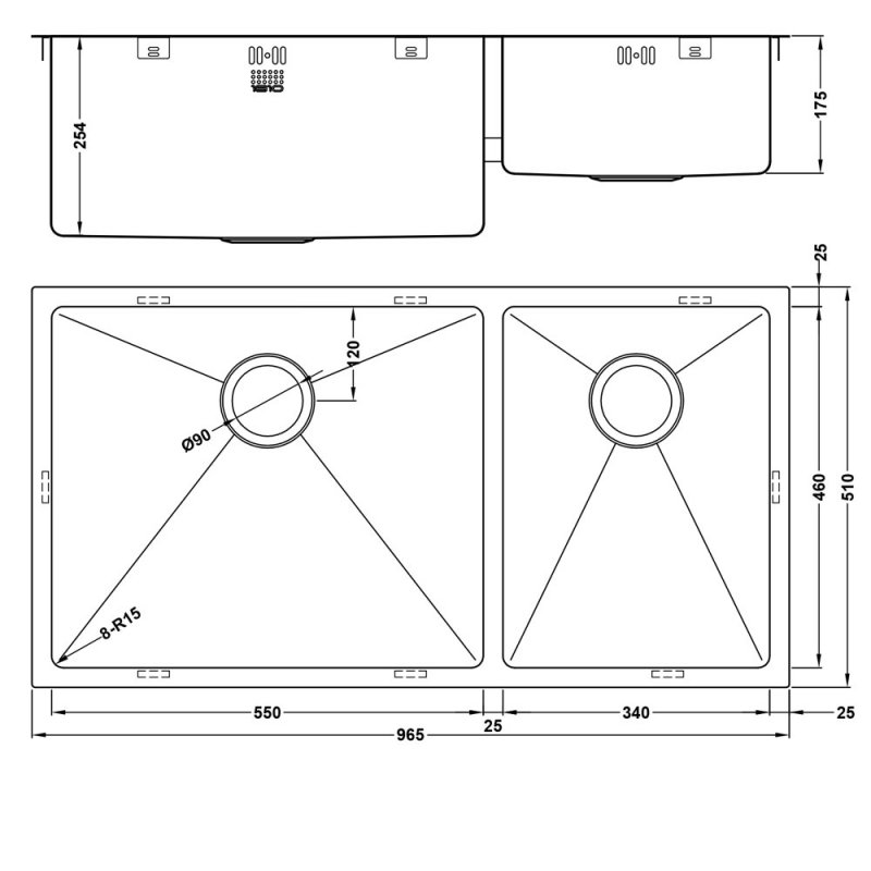 The 1810 Company Zenduo15 550/340 XXL DEEP 2.0 Bowl Undermount Kitchen Sink - Left Handed