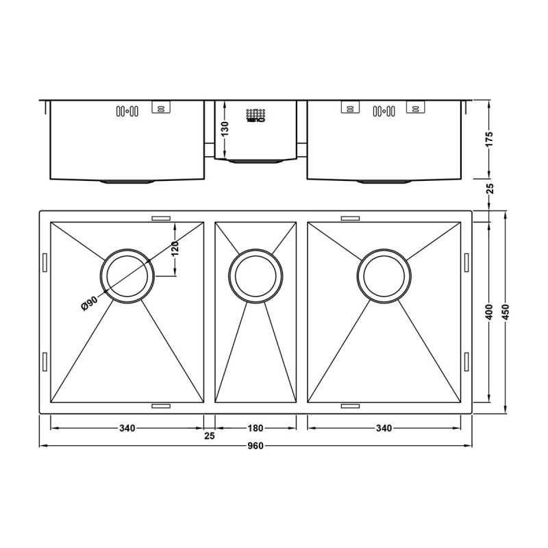 The 1810 Company Zentrio 340/180/340U 3.0 Bowl Undermount Kitchen Sink - Stainless Steel
