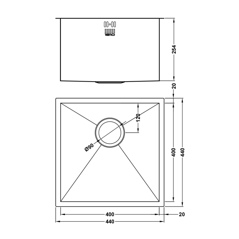 The 1810 Company Zenuno 400U DEEP 1.0 Bowl Undermount Kitchen Sink - Stainless Steel  | Dimension Image