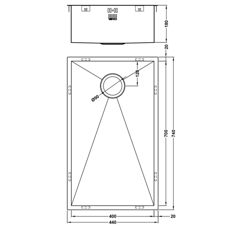 The 1810 Company Zenuno 700U OSW 1.0 Bowl Undermount Kitchen Sink - Stainless Steel  | Dimension Image