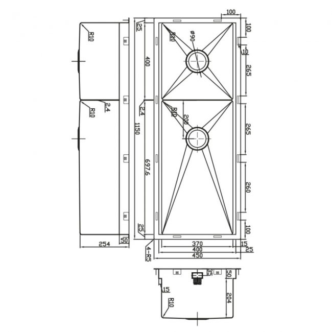 The 1810 Company Zenuno15 1100 Options 1.0 Bowl Undermount Kitchen Sink - Stainless Steel  | Dimension Image