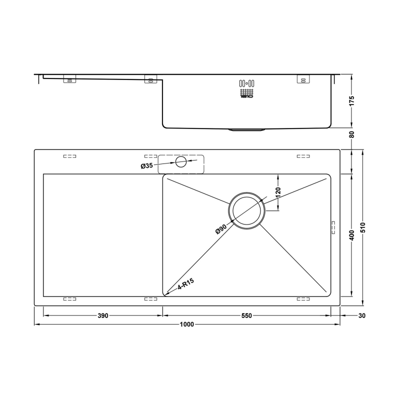 The 1810 Company Zenuno15 55 I-F 1.0 Bowl Kitchen Sink - Right Handed  | Dimension Image