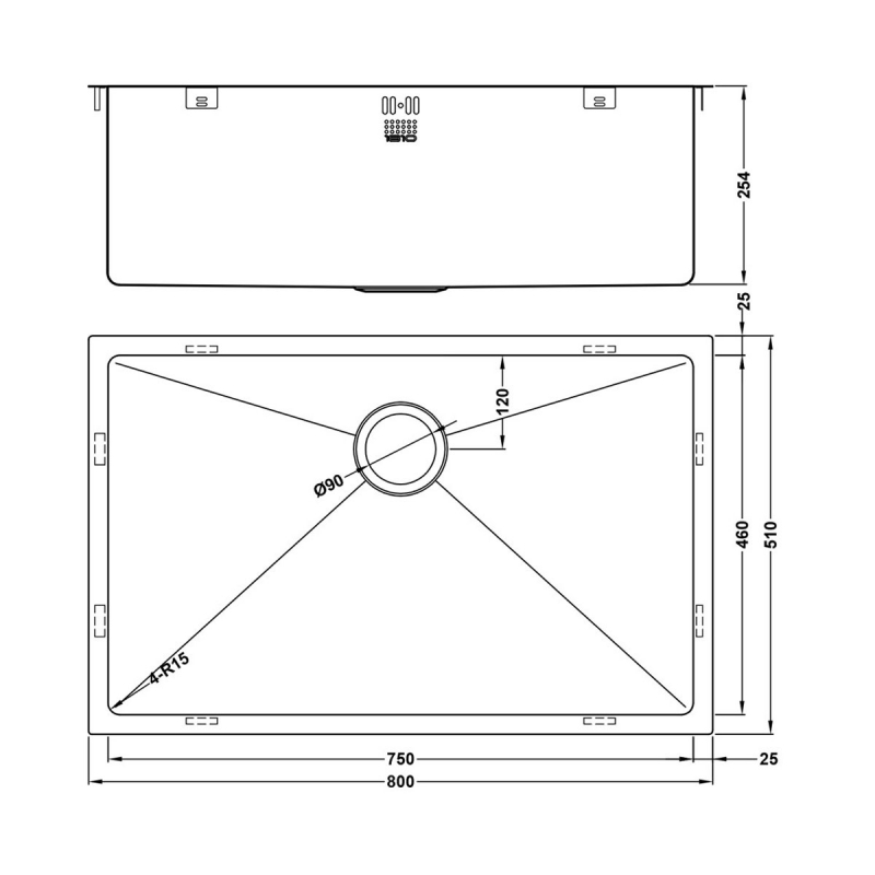 The 1810 Company Zenuno15 750U XXL DEEP 1.0 Bowl Undermount Kitchen Sink - Stainless Steel  | Dimension Image