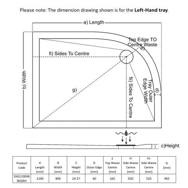 TrayMate TM25 Elementary Anti-Slip Offset Quadrant Shower Tray 1100mm x 800mm Right Handed  | Dimension Image