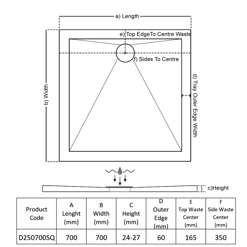 TrayMate TM25 Elementary Square Shower Tray 700mm x 700mm  | Dimension Image