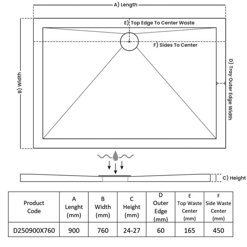TrayMate TM25 Elementary Rectangular Shower Tray 900mm x 760mm