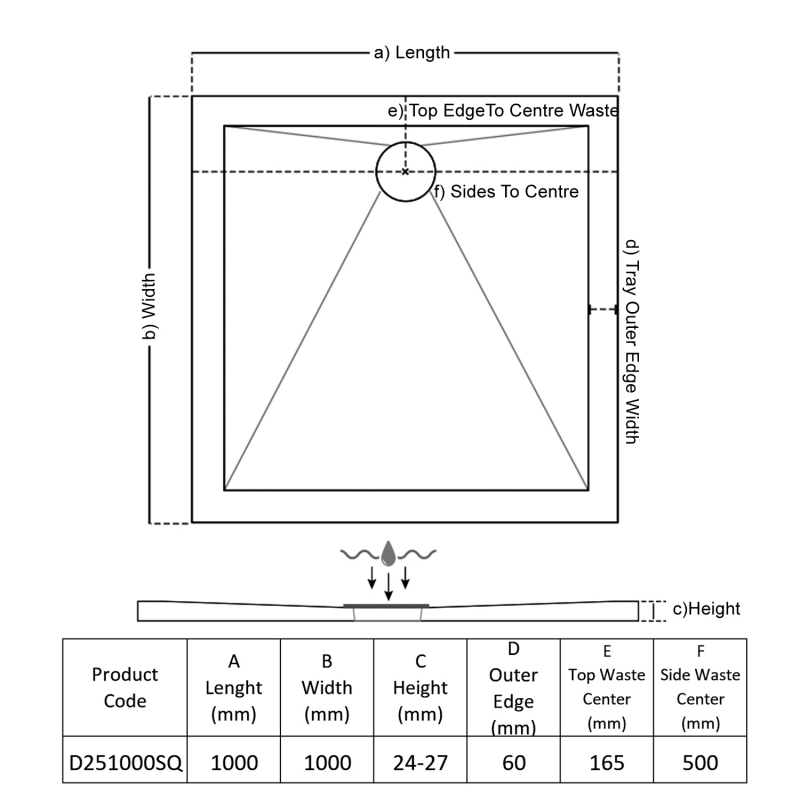 TrayMate TM25 Elementary Square Shower Tray 1000mm x 1000mm