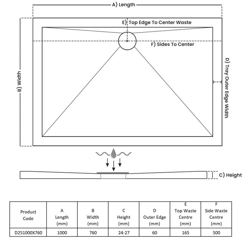 TrayMate TM25 Elementary Rectangular Shower Tray 1000mm x 760mm