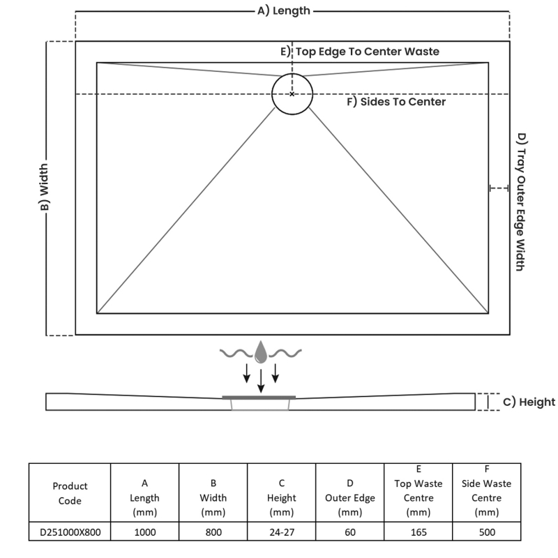 TrayMate TM25 Elementary Rectangular Shower Tray 1000mm x 800mm  | Dimension Image