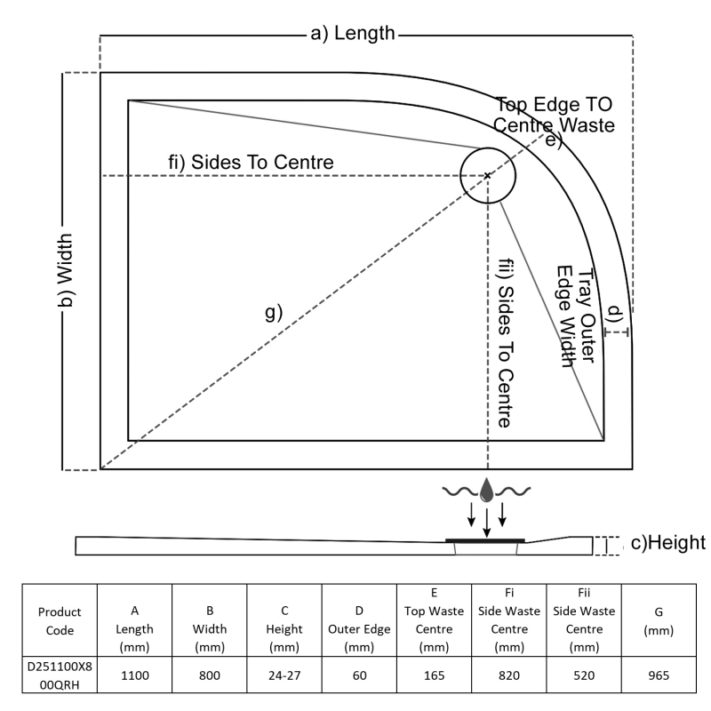 TrayMate TM25 Elementary Offset Quadrant Shower Tray 1100mm x 800mm Right Handed