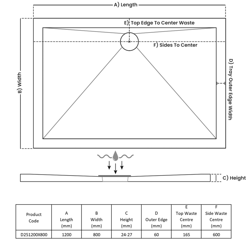 TrayMate TM25 Elementary Rectangular Shower Tray 1200mm x 800mm