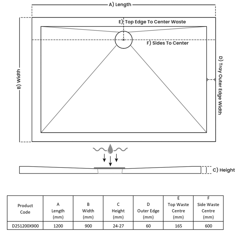 TrayMate TM25 Elementary Rectangular Shower Tray 1200mm x 900mm