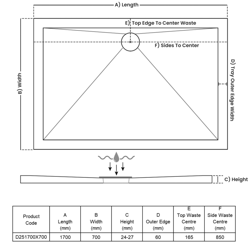 TrayMate TM25 Elementary Rectangular Shower Tray 1700mm x 700mm  | Dimension Image