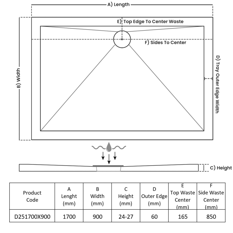 TrayMate TM25 Elementary Rectangular Shower Tray 1700mm x 900mm  | Dimension Image