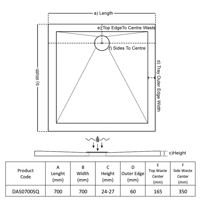 TrayMate TM25 Elementary Anti-Slip Square Shower Tray 700mm x 700mm