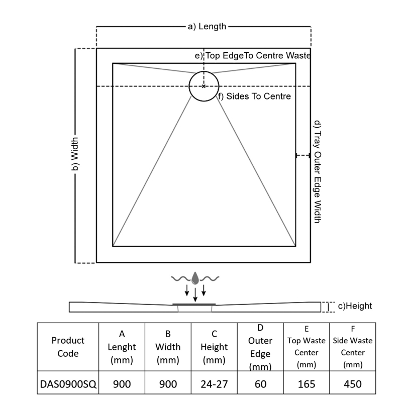 TrayMate TM25 Elementary Anti-Slip Square Shower Tray 900mm x 900mm
