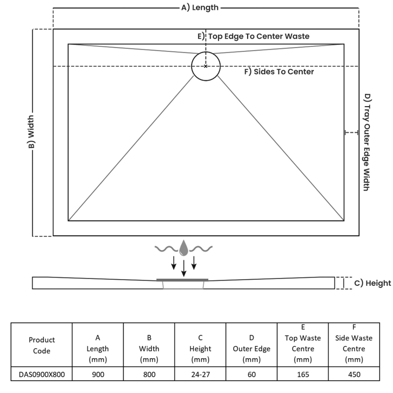 TrayMate TM25 Elementary Anti-Slip Rectangular Shower Tray 900mm x 800mm