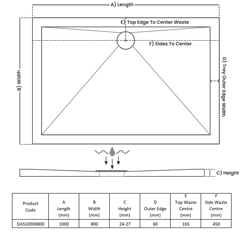 TrayMate TM25 Elementary Anti-Slip Rectangular Shower Tray 1000mm x 800mm