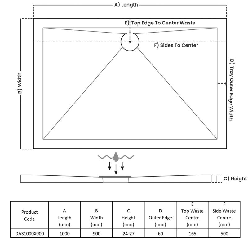 TrayMate TM25 Elementary Anti-Slip Rectangular Shower Tray 1000mm x 900mm