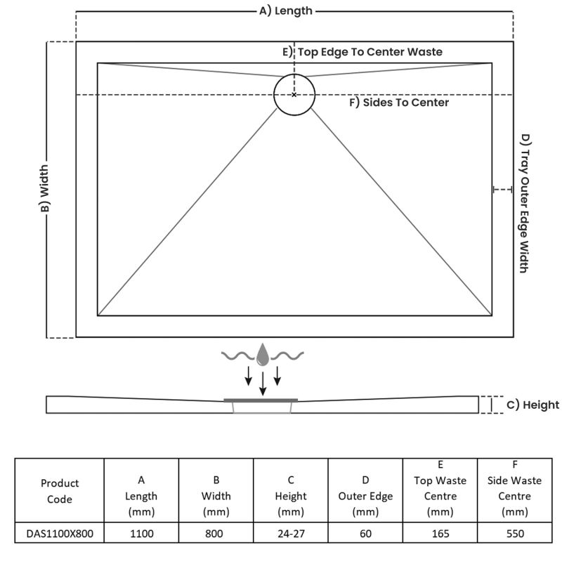 TrayMate TM25 Elementary Anti-Slip Rectangular Shower Tray 1100mm x 800mm