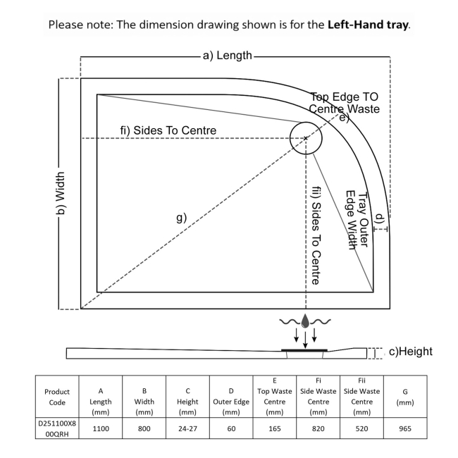 TrayMate TM25 Elementary Offset Quadrant Shower Tray 1100mm x 800mm Right Handed  | Dimension Image