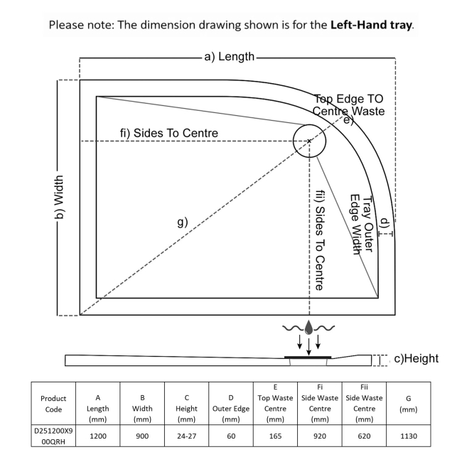 TrayMate TM25 Elementary Offset Quadrant Shower Tray 1200mm x 900mm Right Handed  | Dimension Image