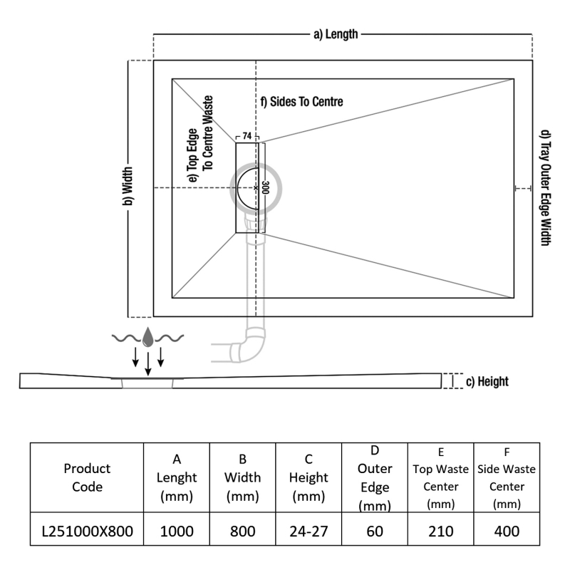 TrayMate TM25 Linear Rectangular Shower Tray 1000mm x 800mm