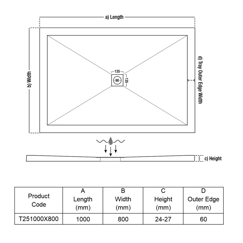 TrayMate TM25 Symmetry Rectangular Shower Tray 1000mm x 800mm
