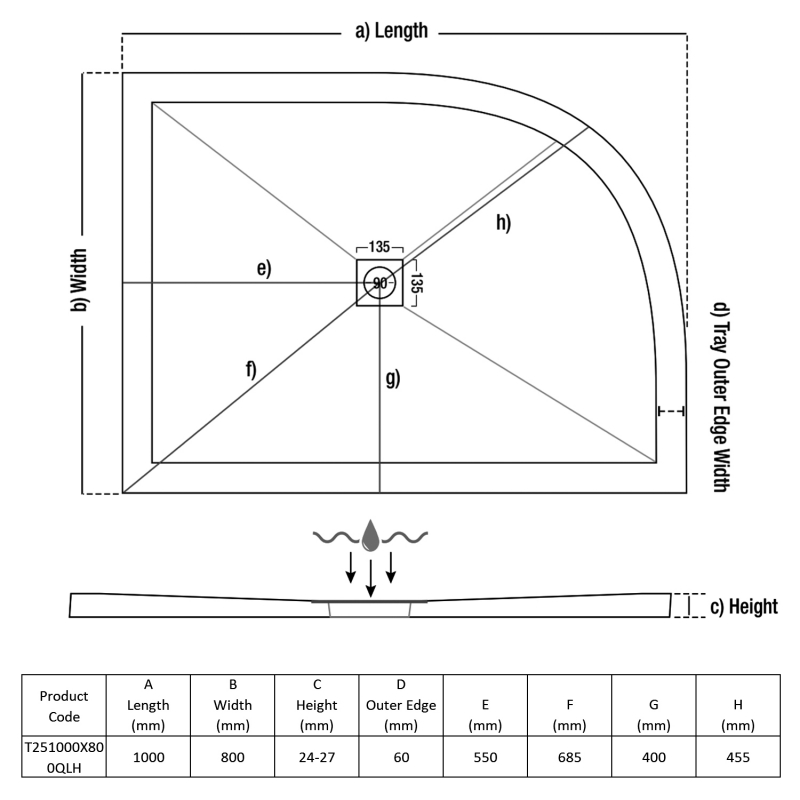 TrayMate TM25 Symmetry Offset Quadrant Shower Tray 1000mm x 800mm Left Handed