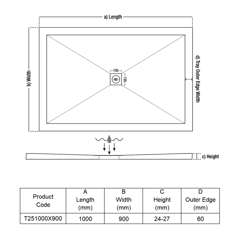 TrayMate TM25 Symmetry Rectangular Shower Tray 1000mm x 900mm