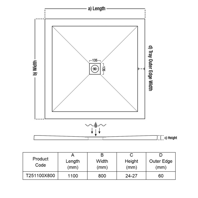 TrayMate TM25 Symmetry Rectangular Shower Tray 1100mm x 800mm
