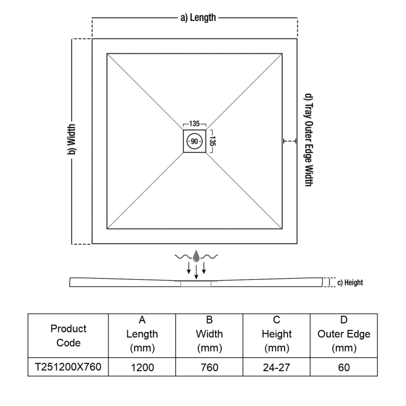 TrayMate TM25 Symmetry Rectangular Shower Tray 1200mm x 760mm