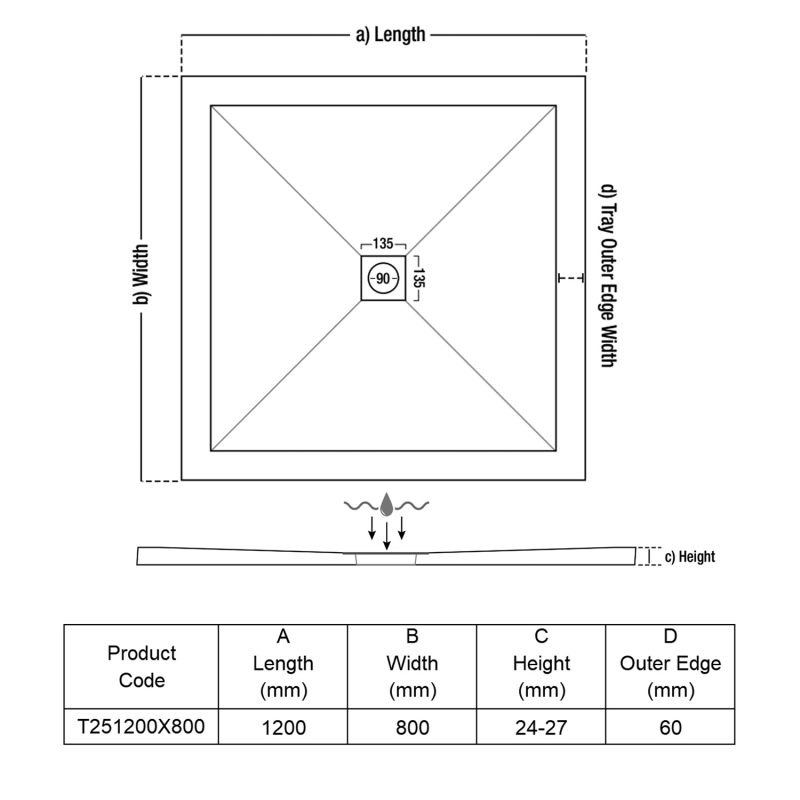 TrayMate TM25 Symmetry Rectangular Shower Tray 1200mm x 800mm