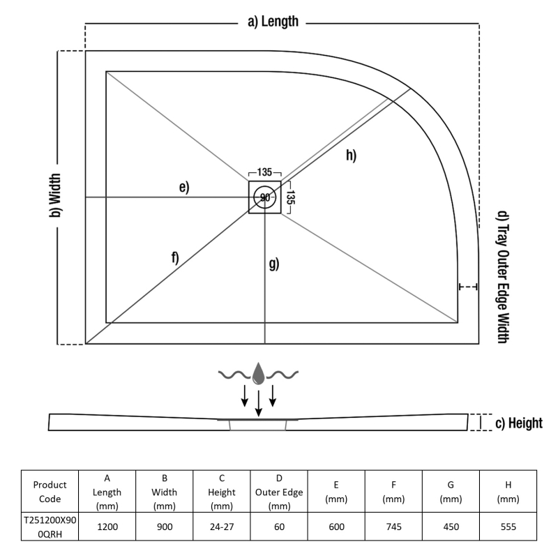 TrayMate TM25 Symmetry Offset Quadrant Shower Tray 1200mm x 900mm Right Handed